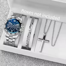 3PCS/Set Fashion Men's Quartz Watch Luxury Large Dial Men Business Watches Necklace Bracelet Set Reloj Hombre(Without Box)